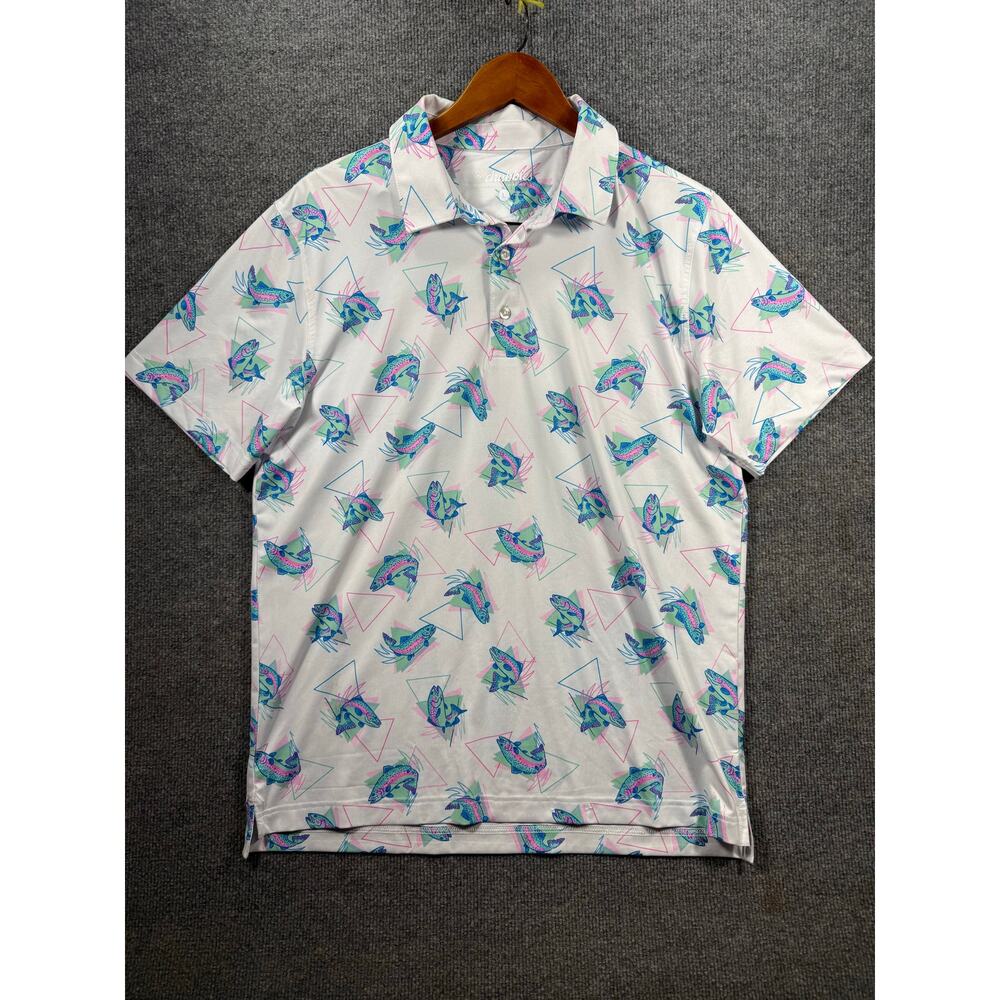 Chubbies Polo Shirt Men's Large White/Blue Fish Allover Casual Golf Relax